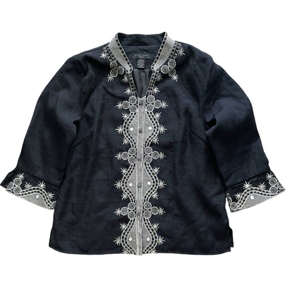 Silk Land Woman Bohemian Embroidered Jacket Sz 1X Plus Black Cardigan Rhinestone - Picture 1 of 11